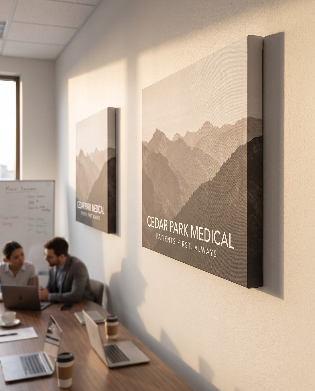 Custom gallery wrap canvas prints hanging in a Dallas office, printed by MagnifyPrints in Irving, TX