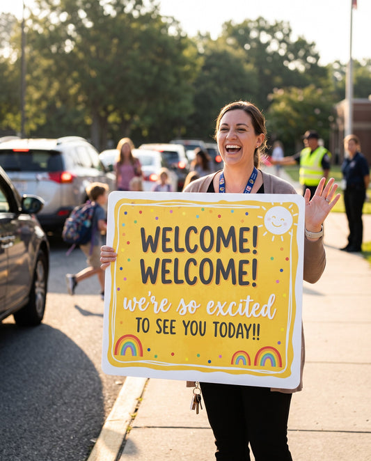 Greeter holding a custom handheld welcome sign at a Dallas school drop-off, printed by MagnifyPrints