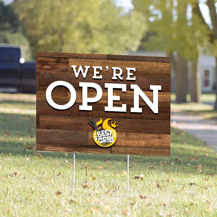 We're Open Yard Sign – Rustic Wood