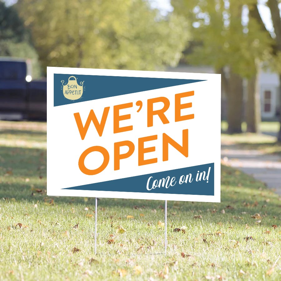 We're Open Yard Sign – Orange & Teal