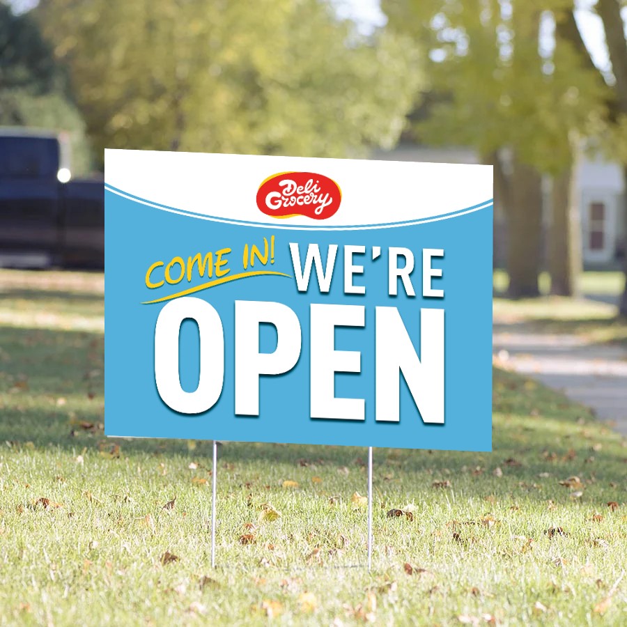 Come In We're Open Yard Sign – Sky Blue